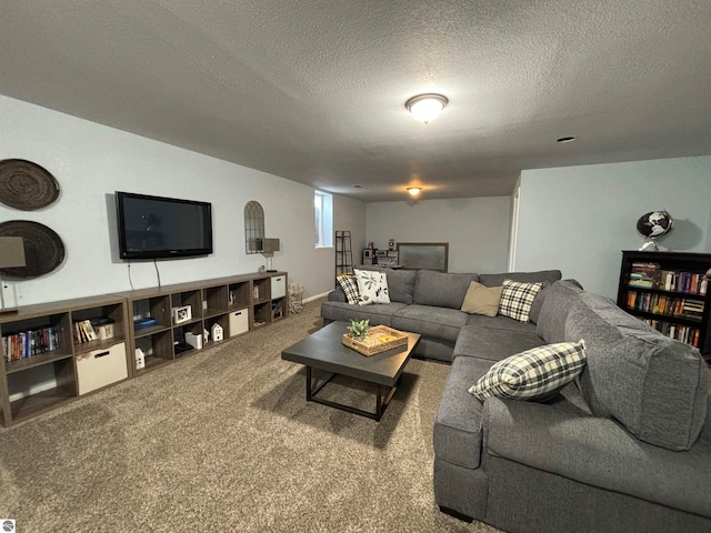 living room featuring carpet and a textured ceiling