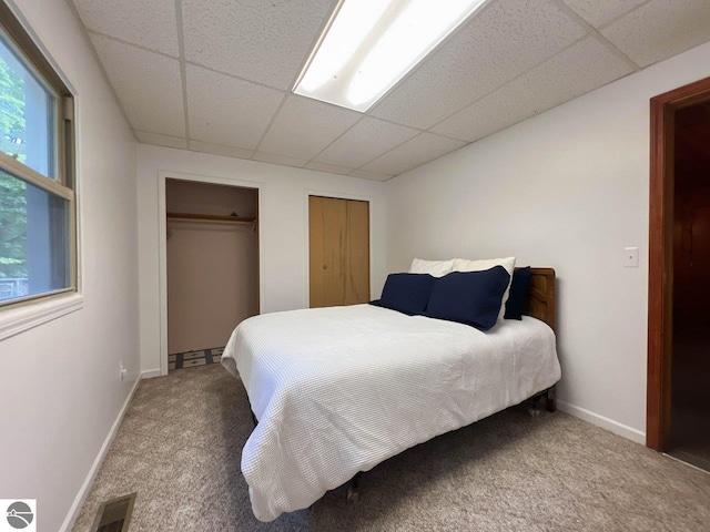 carpeted bedroom with visible vents, a drop ceiling, two closets, and a baseboard radiator