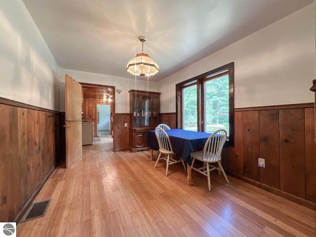 dining space featuring a wainscoted wall, light wood finished floors, wood walls, and visible vents