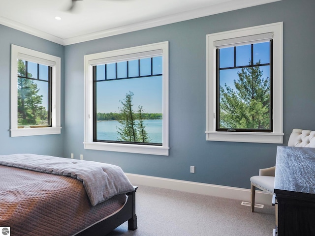 carpeted bedroom with crown molding and a water view