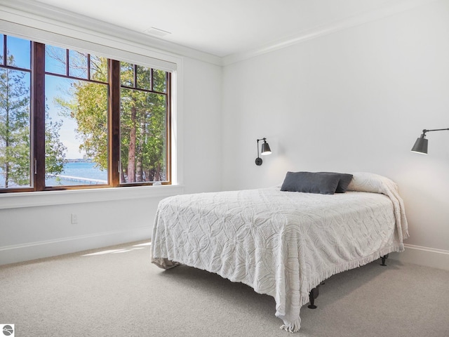 bedroom with carpet, ornamental molding, and a water view