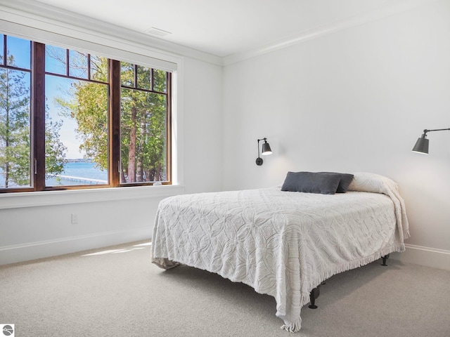 11305 Evergreen, Charlevoix, MI 49720 - bedroom featuring multiple windows, baseboards, carpet, and ornamental molding