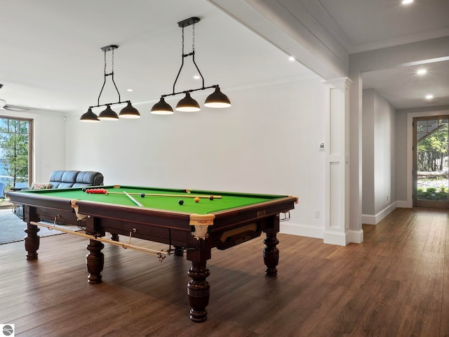 rec room with plenty of natural light, pool table, and wood-type flooring