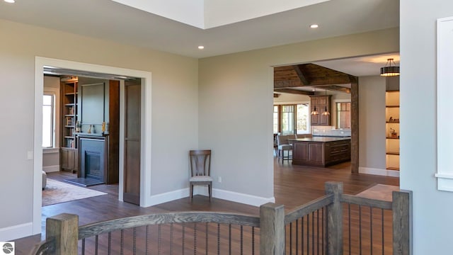 11305 Evergreen, Charlevoix, MI 49720 - corridor featuring dark wood-type flooring, recessed lighting, baseboards, and beam ceiling