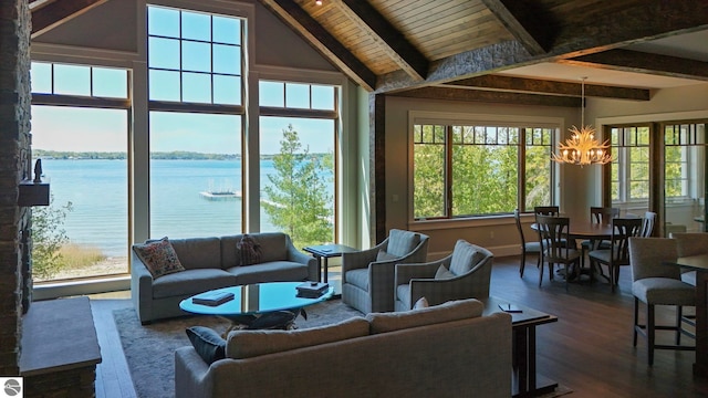 living room featuring dark hardwood / wood-style floors, beamed ceiling, high vaulted ceiling, a water view, and a notable chandelier