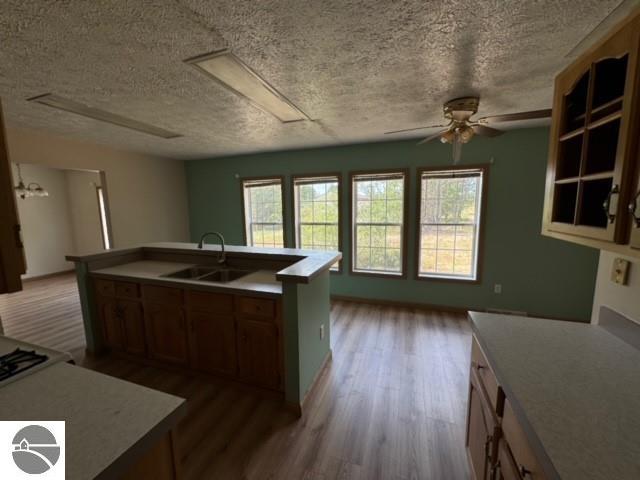 kitchen featuring ceiling fan, dark wood-type flooring, an island with sink, sink, and a textured ceiling