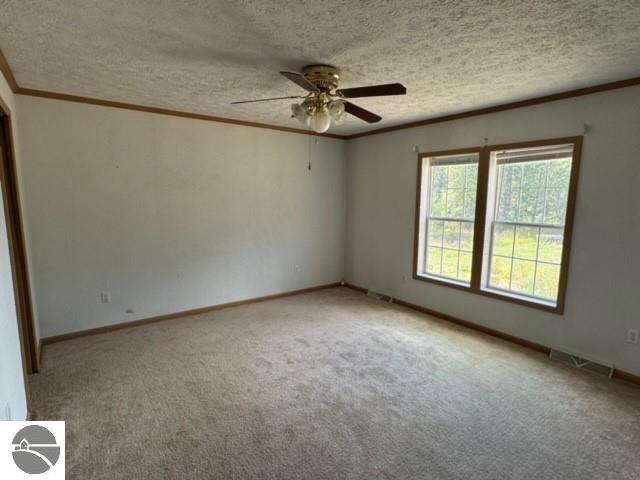 unfurnished room featuring a textured ceiling, carpet flooring, ceiling fan, and ornamental molding