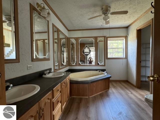 bathroom with hardwood / wood-style flooring, a washtub, a textured ceiling, and vanity