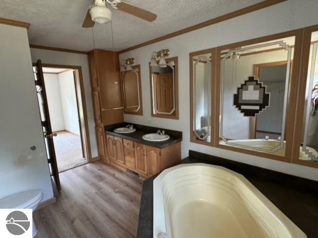 bathroom featuring a tub, hardwood / wood-style floors, vanity, a textured ceiling, and ceiling fan