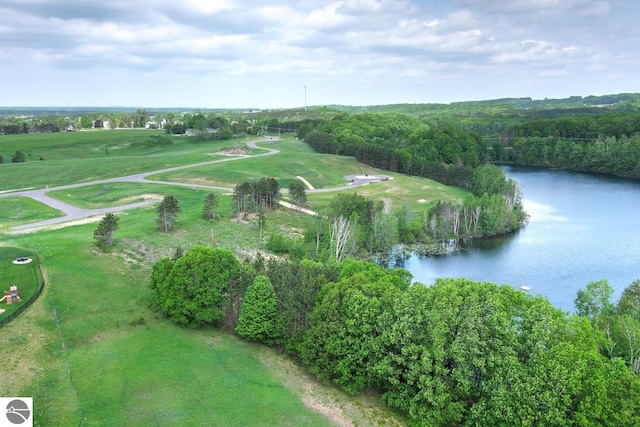 bird's eye view featuring a water view and a wooded view