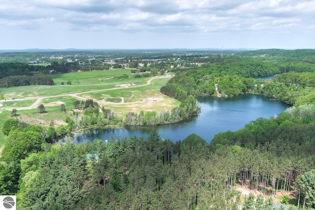 aerial view featuring a water view and a forest view