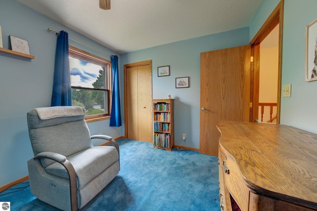 sitting room with a textured ceiling and carpet floors