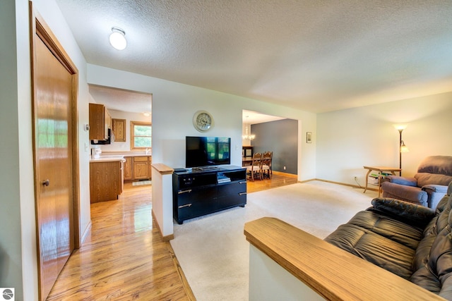 living room featuring a textured ceiling and light hardwood / wood-style floors