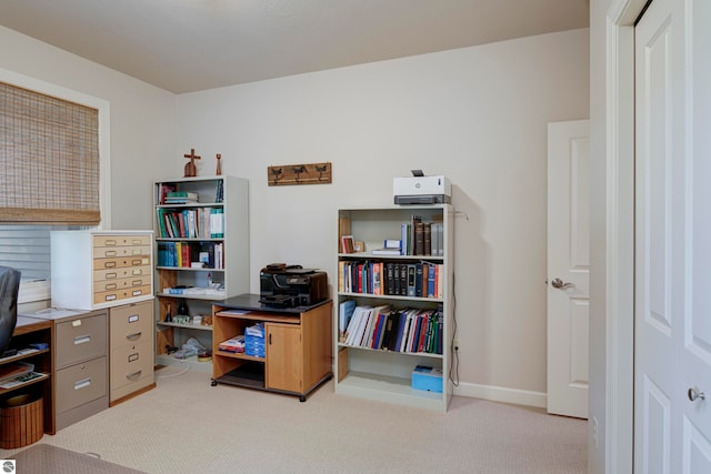 home office featuring light carpet