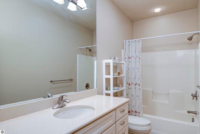 full bathroom with toilet, shower / tub combo with curtain, and vanity