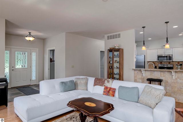 living room with hardwood / wood-style floors and sink