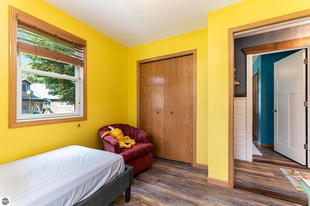 bedroom featuring a closet and dark wood-type flooring