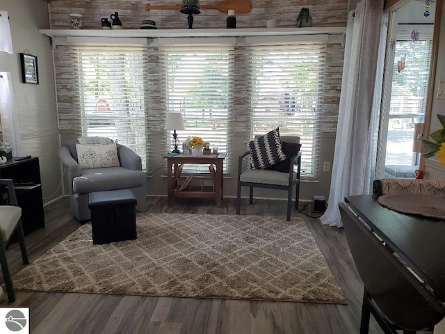 living area featuring a wealth of natural light and hardwood / wood-style floors