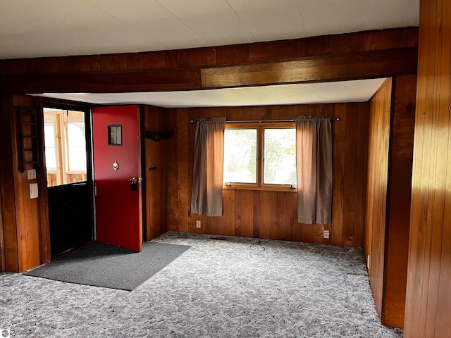 spare room with wooden walls and carpet floors