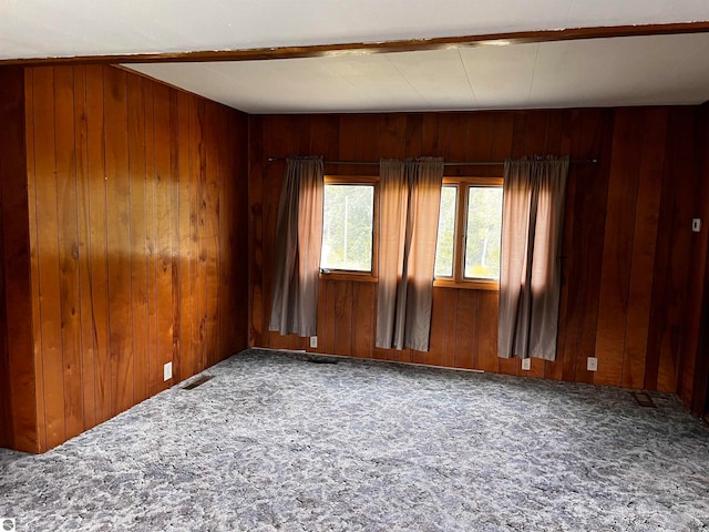 spare room featuring carpet and wooden walls