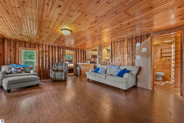 living room featuring wood ceiling, wooden walls, and hardwood / wood-style floors