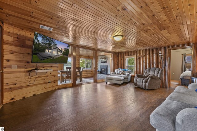 7504 W Dakota Trl, Lake City, MI 49663 - living area with a large fireplace, wood walls, visible vents, wooden ceiling, and wood finished floors
