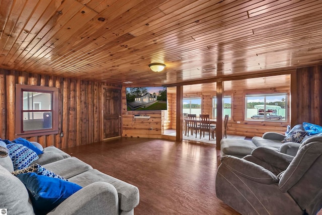 living room featuring hardwood / wood-style flooring, wooden walls, and wooden ceiling