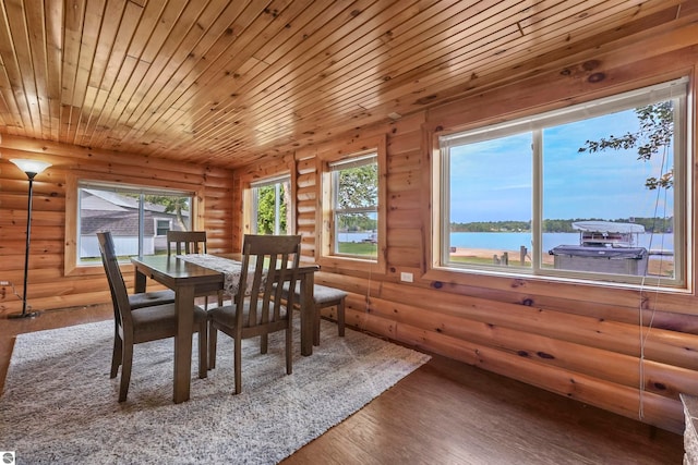 dining room with wood-type flooring, wood ceiling, a water view, and log walls