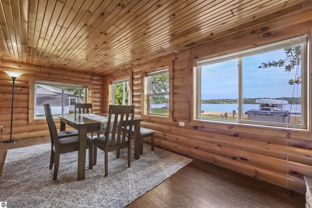 7504 W Dakota Trl, Lake City, MI 49663 - dining room featuring a water view, log walls, wood ceiling, and wood finished floors