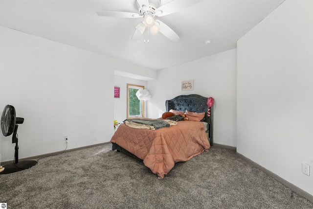 bedroom with ceiling fan and carpet floors