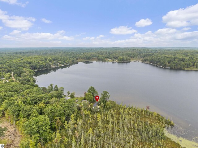 7504 W Dakota Trl, Lake City, MI 49663 - birds eye view of property featuring a wooded view and a water view