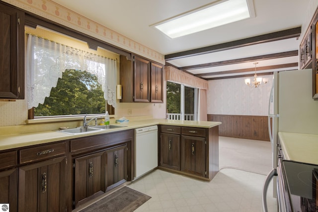 kitchen with wallpapered walls, dishwasher, wainscoting, light floors, and a sink