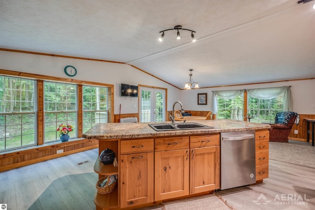 4949 N M-33, Rose City, MI 48654 - kitchen with a sink, light wood finished floors, dishwasher, and vaulted ceiling