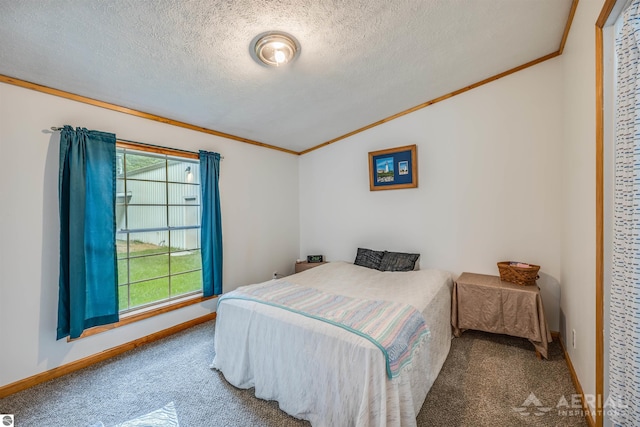 4949 N M-33, Rose City, MI 48654 - bedroom with baseboards, lofted ceiling, a textured ceiling, crown molding, and carpet flooring