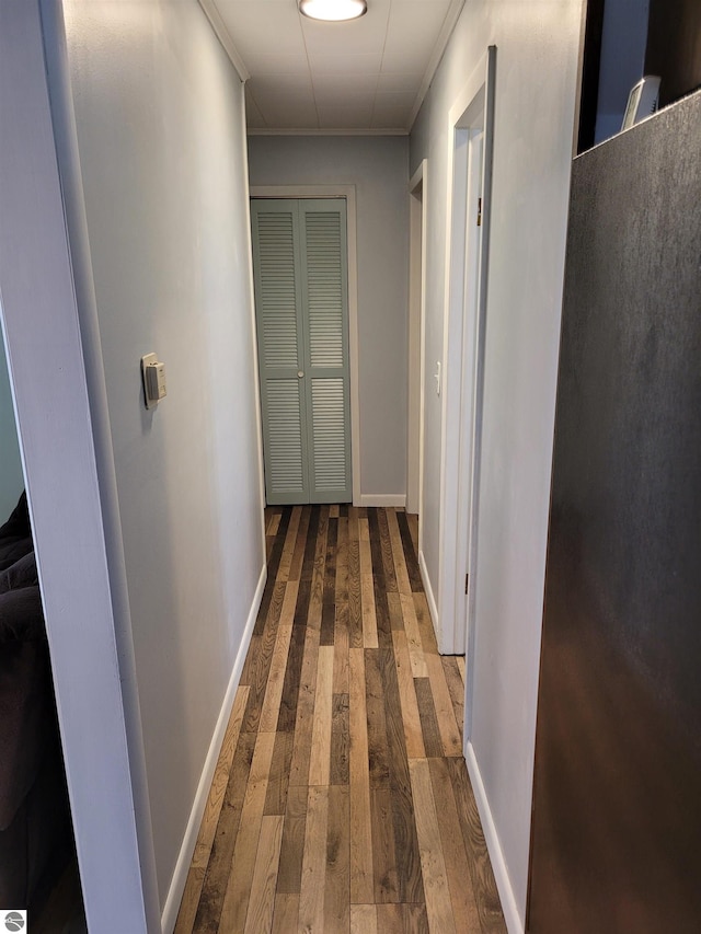 corridor featuring wood-type flooring and crown molding