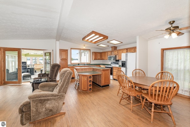 dining room with lofted ceiling, light wood finished floors, and a textured ceiling