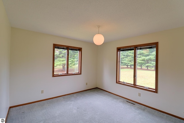 empty room featuring a wealth of natural light, visible vents, baseboards, and light colored carpet