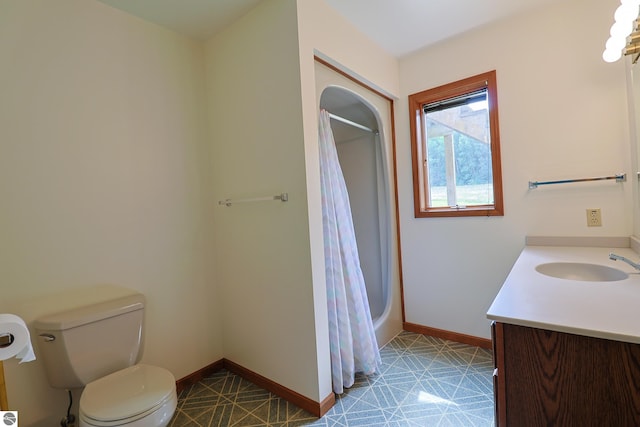 full bathroom with vanity, toilet, independent shower and bath, and tile patterned floors