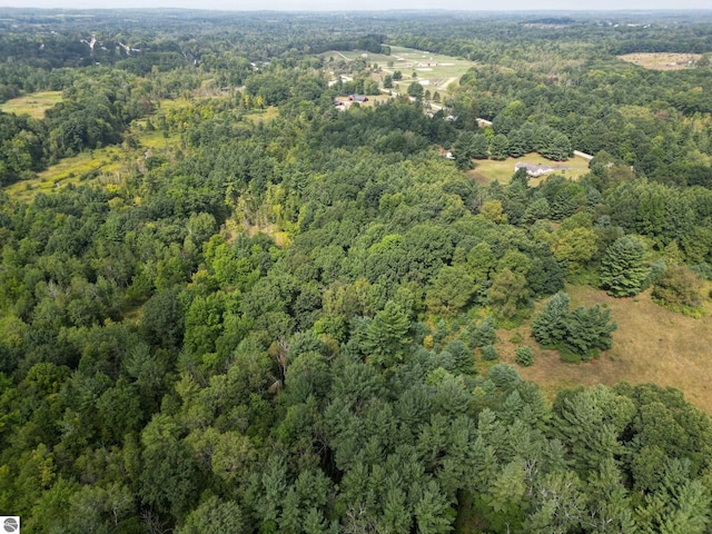 aerial view featuring a wooded view