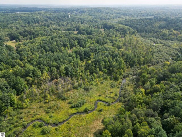 birds eye view of property featuring a wooded view