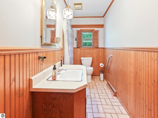 bathroom featuring vanity, toilet, wooden walls, and ornamental molding