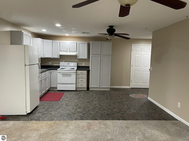 kitchen with white cabinets, ceiling fan, dark carpet, and white appliances