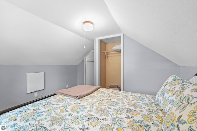 bedroom with lofted ceiling, a walk in closet, and a closet