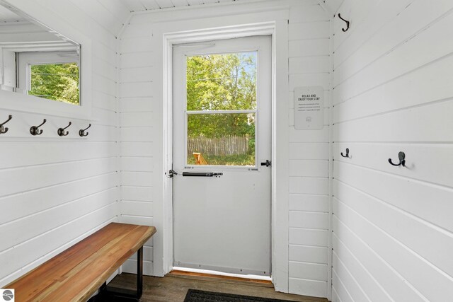 mudroom featuring wood walls, plenty of natural light, and vaulted ceiling