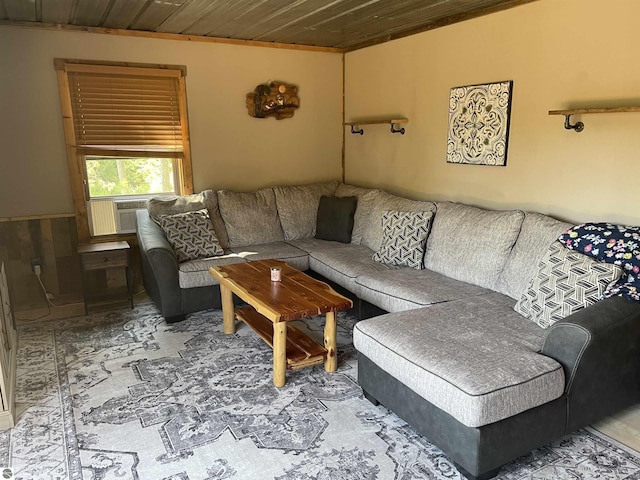 living room with cooling unit and wood ceiling