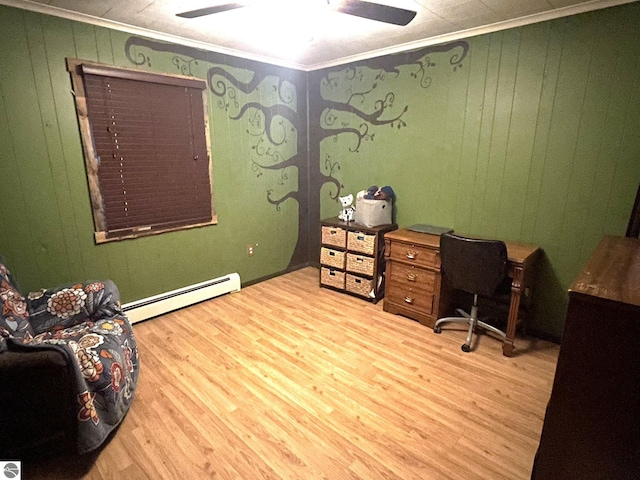 office featuring ceiling fan, baseboard heating, wood finished floors, and crown molding