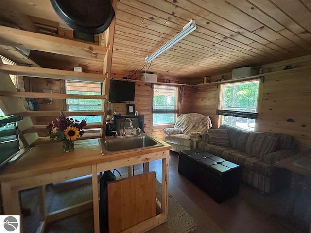 kitchen featuring wooden ceiling, wood-type flooring, wood walls, and sink