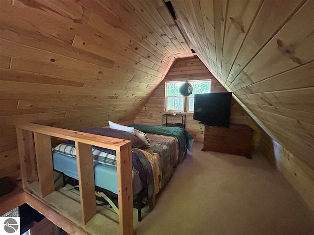 bedroom with lofted ceiling, carpet flooring, wood walls, and wood ceiling