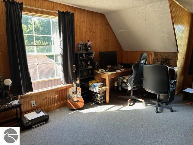 carpeted office with wooden walls, a textured ceiling, and lofted ceiling