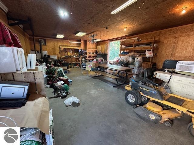 garage with a workshop area